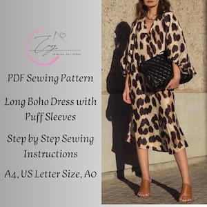 Boho Long Dress pattern, Woman PDF sewing printable pattern, Plus sizes patterns, Sewing Pattern, Puff Sleeve Boho Dress pattern.