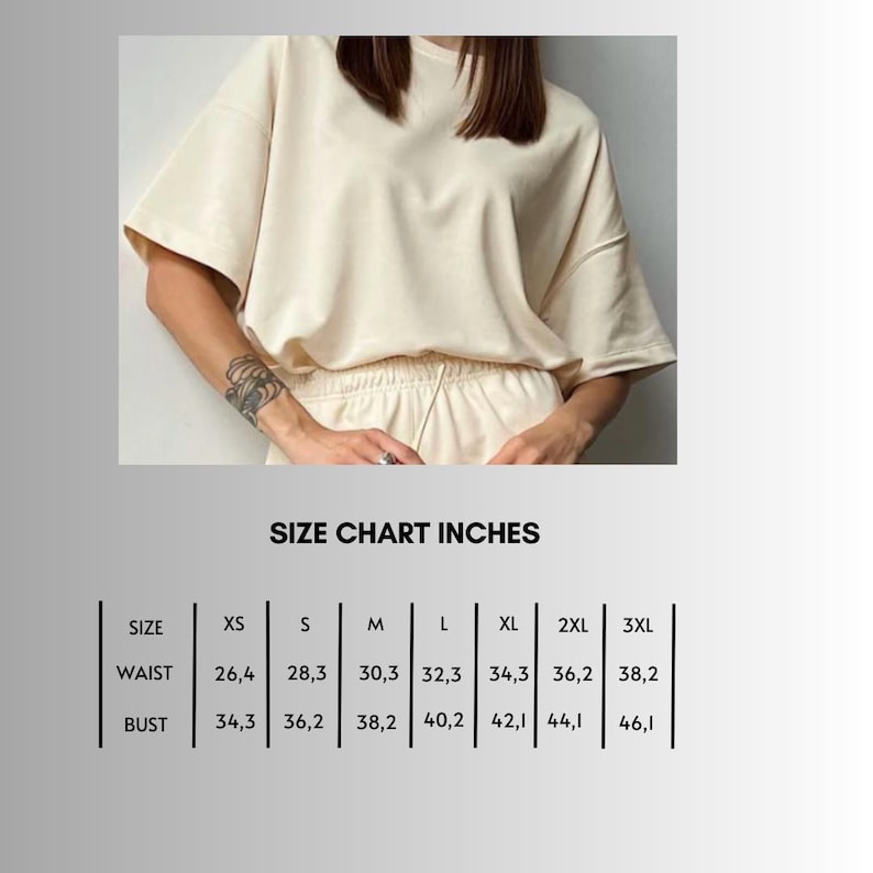 May include: Size chart in inches for a garment with measurements for waist and bust in sizes XS, S, M, L, XL, 2XL, and 3XL.