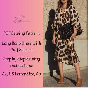 Puede incluir: Un vestido largo bohemio con mangas abullonadas con estampado de leopardo. El vestido se muestra en una modelo que sostiene un bolso negro acolchado. La imagen también incluye el texto "PDF Sewing Pattern, Long Boho Dress with Puff Sleeves, Step by Step Sewing Instructions, A4, US Letter Size, Ao."