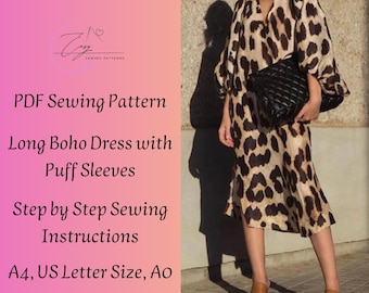 Boho Puff Sleeve Dress Sewing Pattern, Plus Sizes (PDF Pattern)