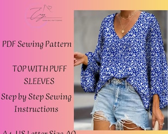 Boho Puff Sleeve Blouse Sewing Pattern, Women's Sizes (PDF Pattern)
