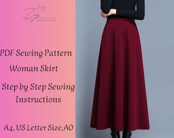 May include: A woman wearing a long, burgundy skirt and a black long-sleeved top. The image includes text that reads "PDF Sewing Pattern Woman Skirt Step by Step Sewing Instructions A4, US Letter Size, AO". The skirt is a solid color and reaches the ankles.