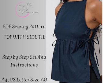 Woman Side Tie Shirt  Sewing pattern,Woman PDF sewing printable pattern, Boho Sewing Pattern, Large sizes, Instant Download.