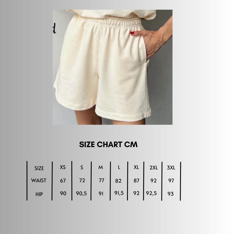 May include: Size chart for shorts in cream color. The chart shows sizes XS to 3XL with measurements in centimeters for waist and hip.