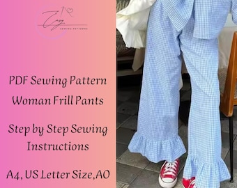 Woman Frill Pants Sewing Pattern: Easy Wide Leg DIY (PDF Download)