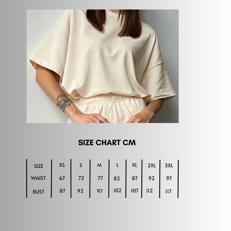 May include: Size chart in centimeters for a cream-colored top and shorts set. The chart shows measurements for waist and bust in sizes XS, S, M, L, XL, 2XL, and 3XL.
