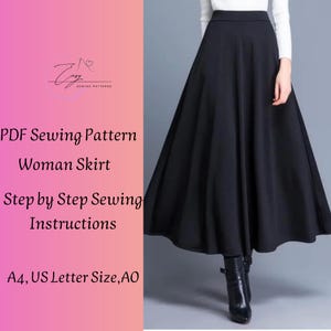 Puede incluir: Una falda negra de mujer con una silueta en forma de A. La imagen incluye el texto: "Patrón de costura PDF Falda de mujer Instrucciones de costura paso a paso A4, US Letter Size, AO". La falda se combina con botines negros.