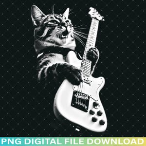 Rock Cat Playing Guitar PNG File Download, Funny Guitarist Cat Clipart, Music Lover Digital Art for Sublimation Bundle