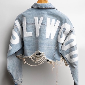 Hollywood Distressed Cropped Denim Jacket, Ripped Jean Jacket with Bold Letter Print, Vintage Streetwear Fashion, Edgy Handmade Outerwear