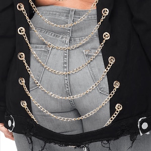 Vintage Black Denim Jacket, Distressed Chained Back Jean Jacket for Women, Open back Handmade Festival Streetwear, Boho style, Gifts for her