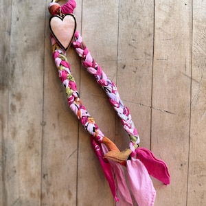 Braided Bandana Bag Charm Keychain with Rose Quartz Heart Pendant and Gold Accents