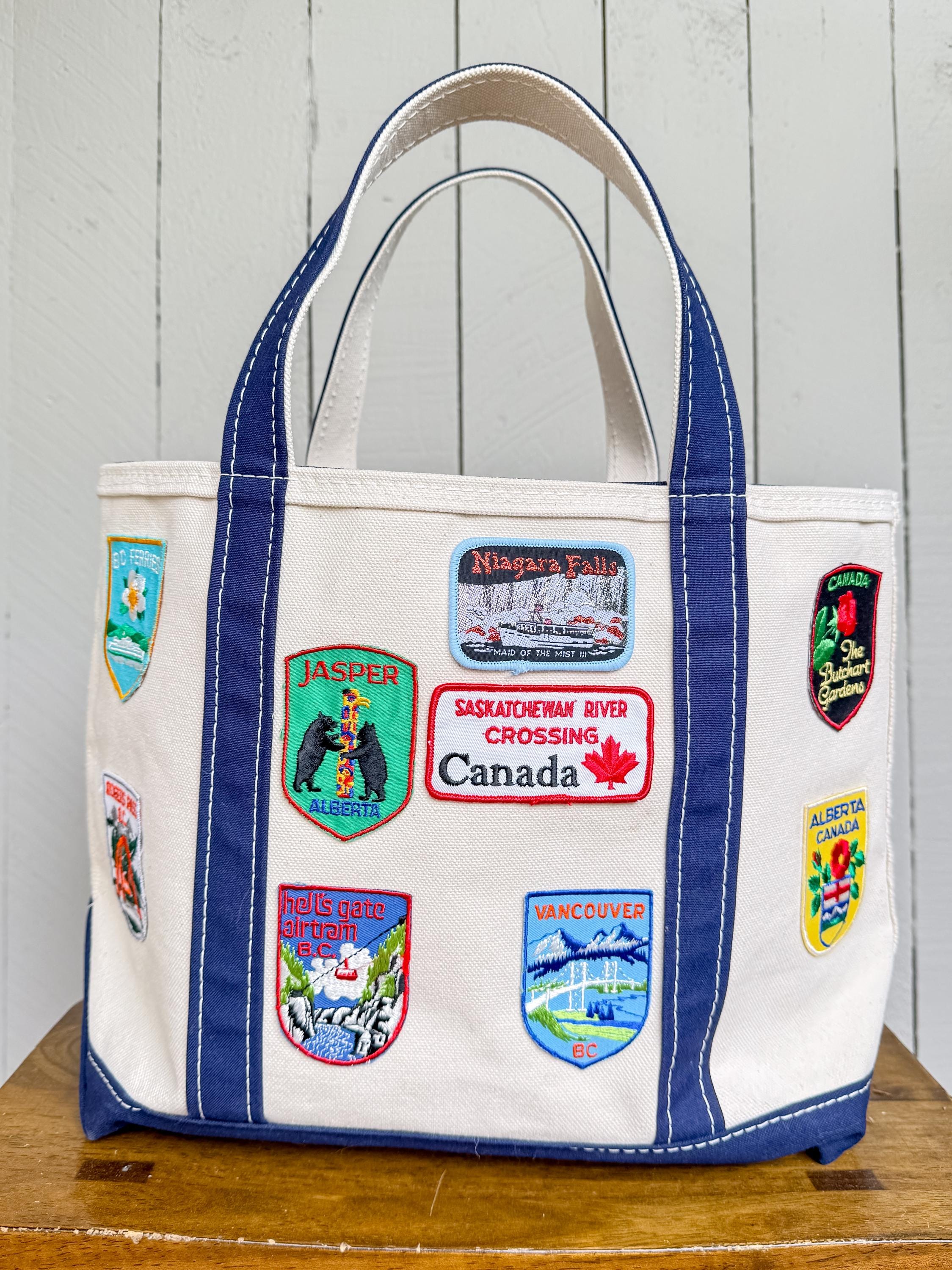 LL Bean Boat & Tote With Vintage Canadian Souvenir Patches, One of 