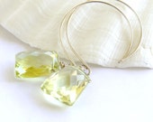 Yellow Hoop Earrings, Lemon Quartz Gemstones, Modern Rectangles, Luxury Deco