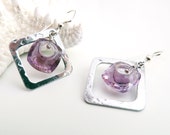 Amethyst and Silver Square Earrings, Geometric Hammered Metalwork