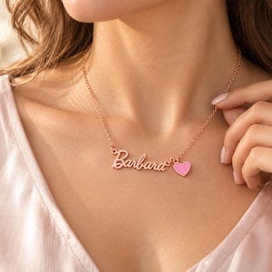 Personalized Name Necklace with Pink Heart, Custom Script Name Jewelry, Heart Charm Necklace, Gift for Her