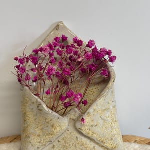 Könnte beinhalten: Eine keramische Wandvase in Form eines Umschlags, gefüllt mit leuchtend rosa Trockenblumen. Die Vase hat eine gesprenkelte, cremefarbene Glasur mit strukturierter Oberfläche. Die Blumen setzen einen Farbakzent zu den neutralen Tönen der Vase.