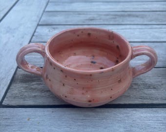Pink ceramic bowl with two handles – Handmade Pottery Bowl – Speckled Ceramic – unique handmade bowl