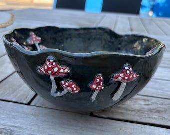 Handmade Ceramic Mushroom Bowl | Blue-green ceramic bowl with toadstools | Cottagecore Pottery | Unique Gift