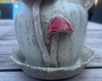 Ceramic vase with 3D mushrooms and saucer. Mushroom Vase, handmade pottery, gift for nature lovers, cottagecore flower vase.