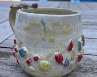 Handmade ceramic mug with ribbon and flowers, colorful handmade ceramic mug, coquette floral mug, gift for her, pottery, 300ml