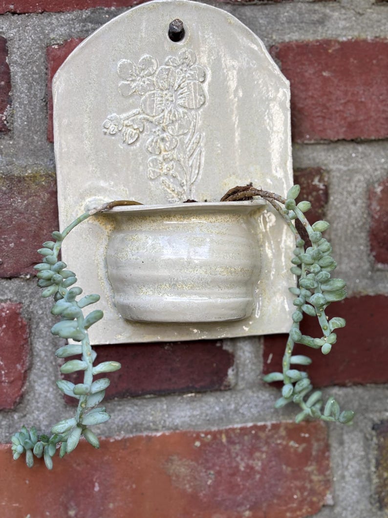 May include: A cream-colored ceramic wall planter with a floral design, holding a succulent plant with trailing green stems. The planter is mounted on a red brick wall, creating a rustic aesthetic.