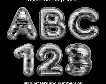 Disco Ball Alphabet. Letters, numbers, and basic punctuation marks. PNG set. Disco, party, music.