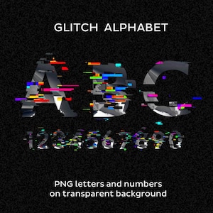 グリッチアルファベット。文字、数字、基本的な句読点。背景が透明なPNG文字。エラー、不具合、バグのアルファベット