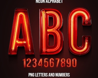 Neon Alphabet. Neon letters and numbers. PNG set.