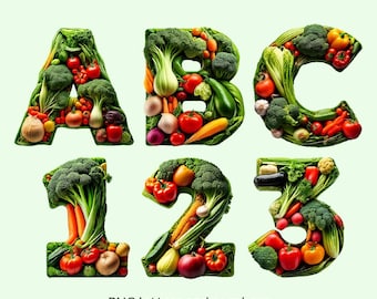 Vegetable Alphabet PNG: Transparent Letters, Numbers (Digital Download)