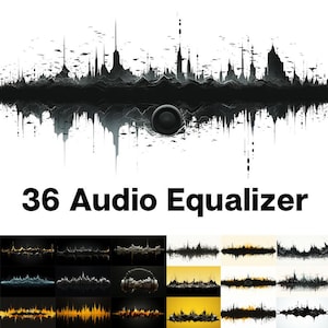 Peut inclure: Graphique noir et blanc avec une silhouette de paysage urbain et un haut-parleur central. Le texte "36 Audio Equalizer" est affiché en dessous. D'autres designs d'égaliseurs audio sont présentés en bas.
