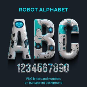 Op de afbeelding: Robot alfabet letters A, B en C in een wit en blauw metallic ontwerp. De letters zijn 3D en hebben een futuristische uitstraling. De cijfers 1 tot en met 9 zijn ook in dezelfde stijl opgenomen.