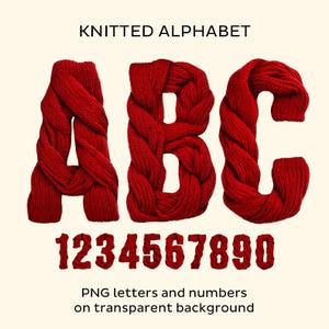 Rot gestricktes Alphabet.  Buchstaben, Zahlen und einfache Satzzeichen. PNG Buchstaben mit transparentem Hintergrund.