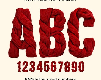 Red Knitted Alphabet.  Letters, numbers, and basic punctuation marks. PNG letters with a transparent background.