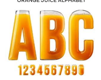 Orange Juice Alphabet PNG: Transparent Font, Letters, Numbers (Digital Download)