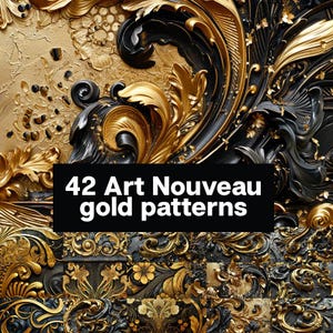 42 diseños Art Nouveau dorados. Estampados florales dorados. Paquete de imágenes digitales. Arte decorativo. Diseño ornamental premium.