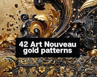 Art Nouveau Gold Floral Patterns: Ornate Design Illustrations (Digital Download)