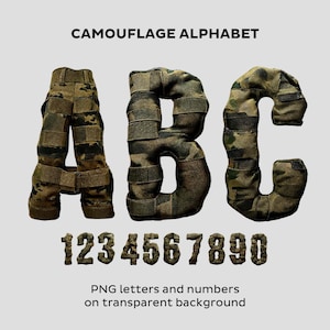 Camouflage-alfabet. Militaire letters, cijfers en eenvoudige leestekens. PNG-letters met een transparante achtergrond. Oorlog, soldaat, leger.