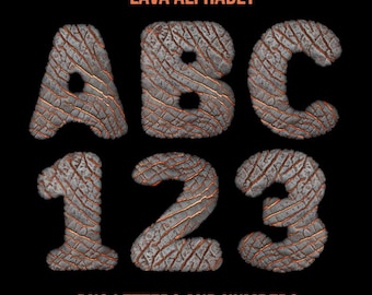 Lava Alphabet. Volcanic letters, numbers, and basic punctuation marks. PNG letters with a transparent background.