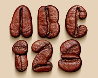 Coffee Beans Alphabet. PNG set. Letters, numbers, and basic punctuation marks. Barista typography.