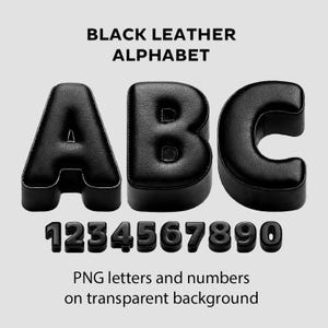 Schwarzes Leder Alphabet. Lateinische Buchstaben, Zahlen und einfache Satzzeichen. PNG-Set mit transparentem Hintergrund.