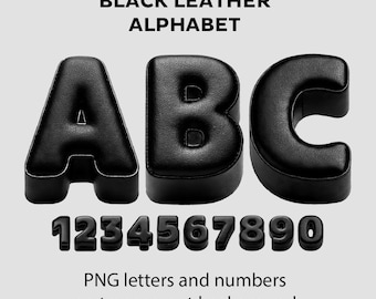 Black  Leather Alphabet. Latin letters, numbers and basic punctuation marks. PNG set transparent background.