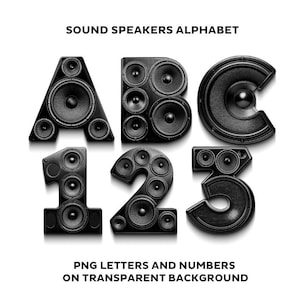 Könnte beinhalten: Schwarz-weiße Grafik der Buchstaben A, B und C sowie der Zahlen 1, 2 und 3. Jeder Buchstabe und jede Zahl ist wie ein Lautsprecher gestaltet. Der Text "SOUND SPEAKERS ALPHABET" und "PNG LETTERS AND NUMBERS ON TRANSPARENT BACKGROUND" ist ebenfalls vorhanden.