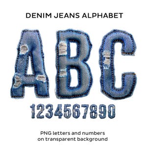 May include: Blue denim letters A, B, and C with distressed details, and numbers 1 to 0. The text "DENIM JEANS ALPHABET" is at the top, and "PNG letters and numbers on transparent background" is at the bottom.