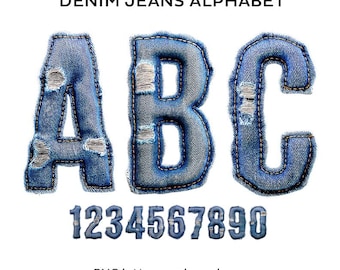 Denim Jeans Alphabet. Letters, numbers, and basic punctuation marks. PNG letters on transparent background.