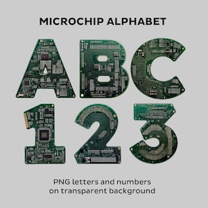 Alphabet à puce électronique. Typographie de carte de circuit imprimé. Lettres, chiffres et signes de ponctuation de base. PNG avec un arrière-plan transparent.