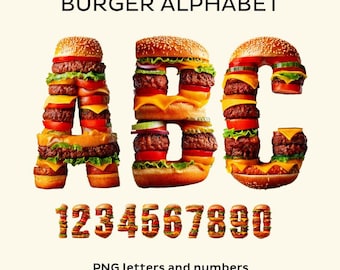 Burger Alphabet. Letters, numbers, and basic punctuation marks. PNG set. Fast-food letters.