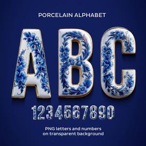 Alfabeto in porcellana, lettere in ceramica, motivo floreale blu, alfabeto decorativo