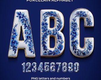 Porcelain Alphabet, ceramic letters, blue floral pattern, decorative alphabet