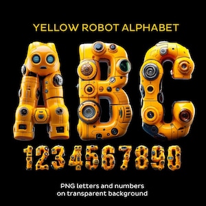Alphabet robot jaune. Lettres, chiffres et signes de ponctuation de base. Lettres PNG avec un fond transparent.  Conception robotique futuriste