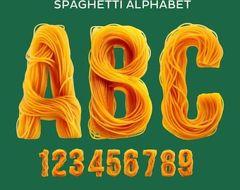 Spaghetti Alphabet. Pasta letters, numbers, and basic punctuation marks. PNG letters with a transparent background.